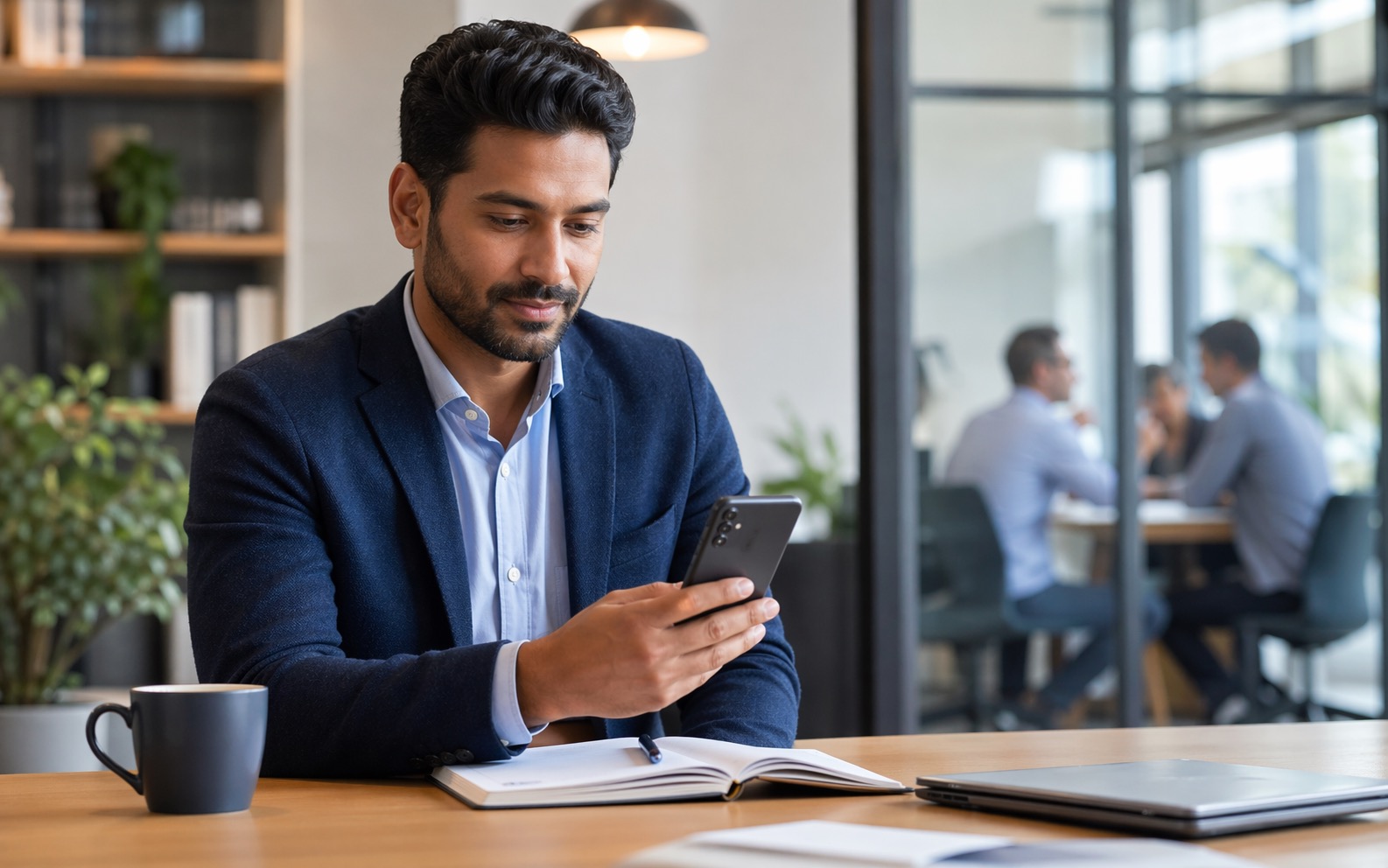 Professional preparing for a meeting with contact context on a phone