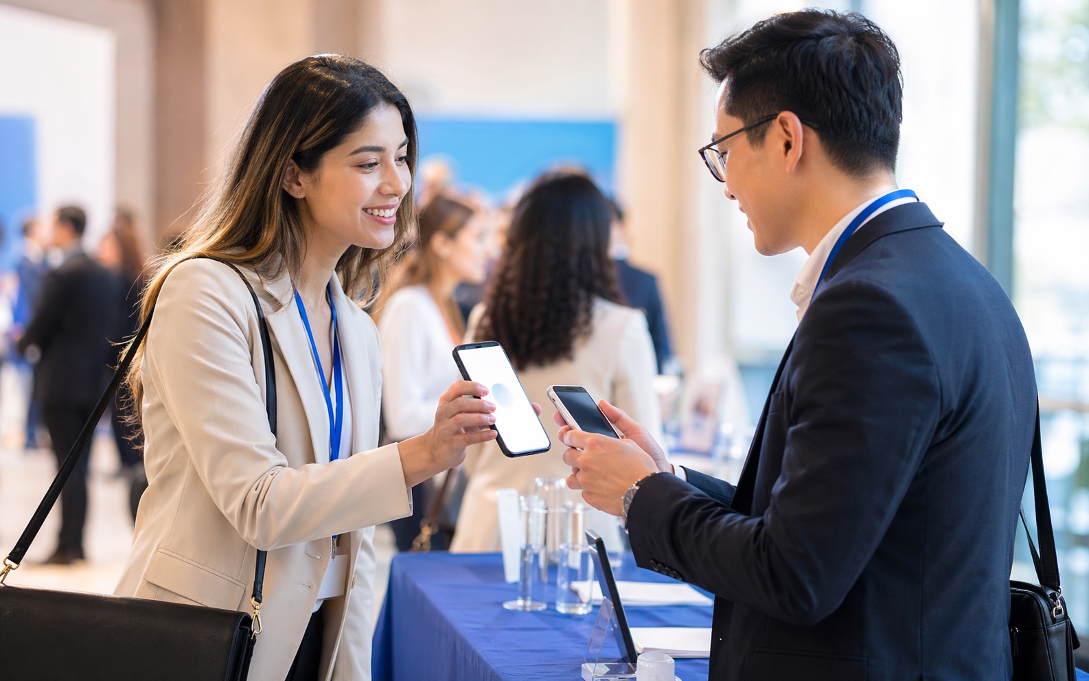 Professional sharing a digital business card from a smartphone