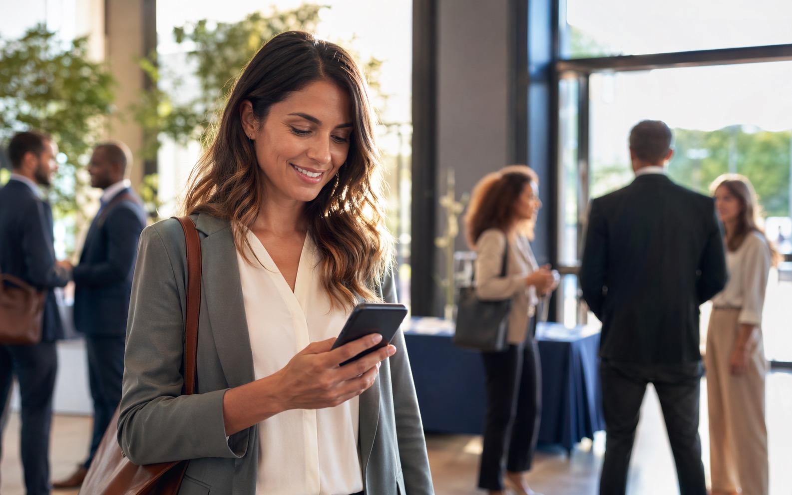 Professional arriving at a networking event while checking a phone