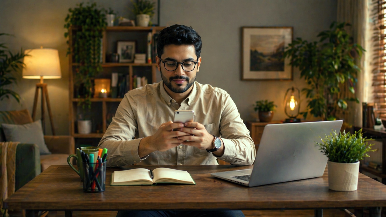 Founder working at a desk with a smartphone and laptop