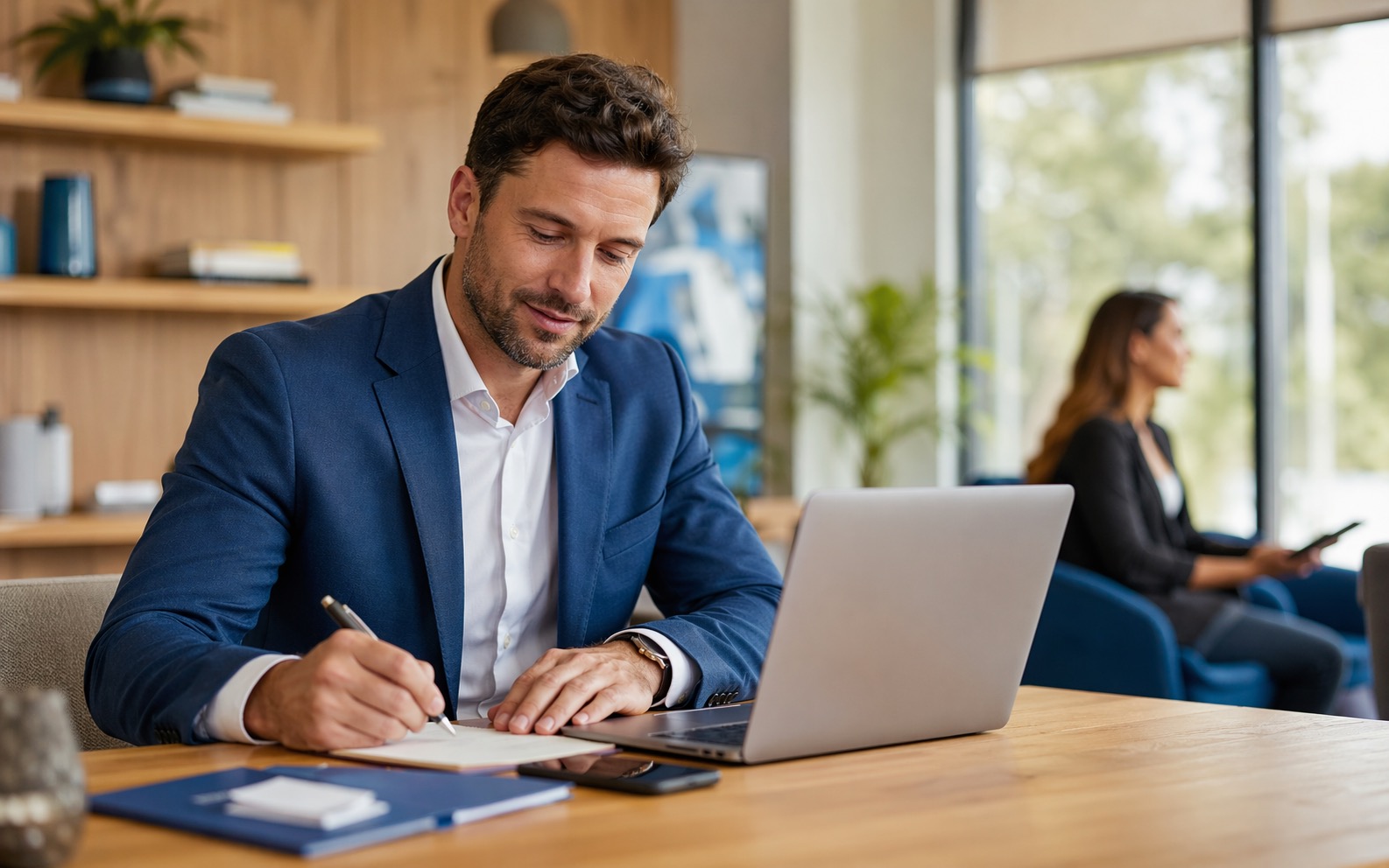 Sales professional reviewing follow-through context on a phone