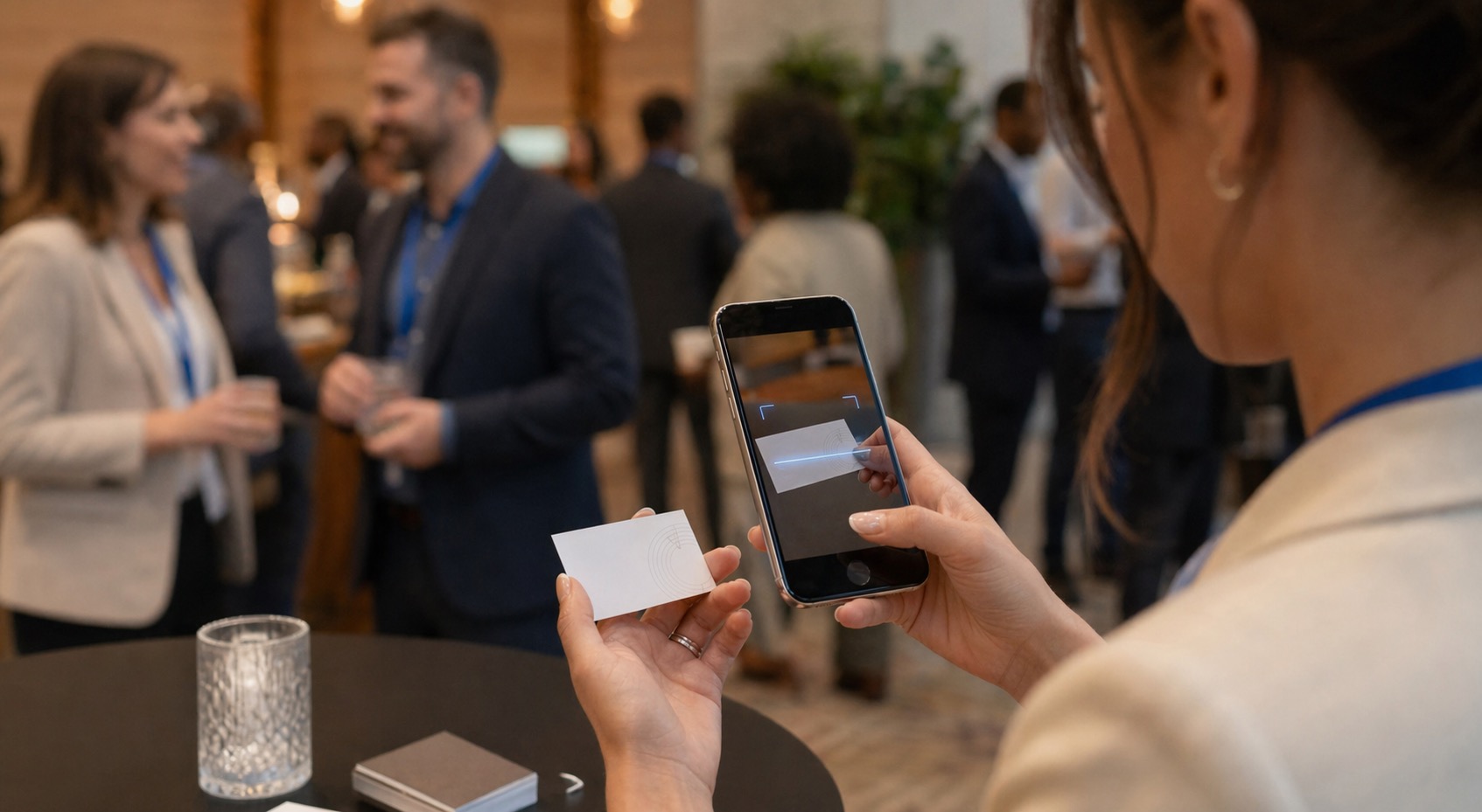 Person scanning a professional contact card with a phone